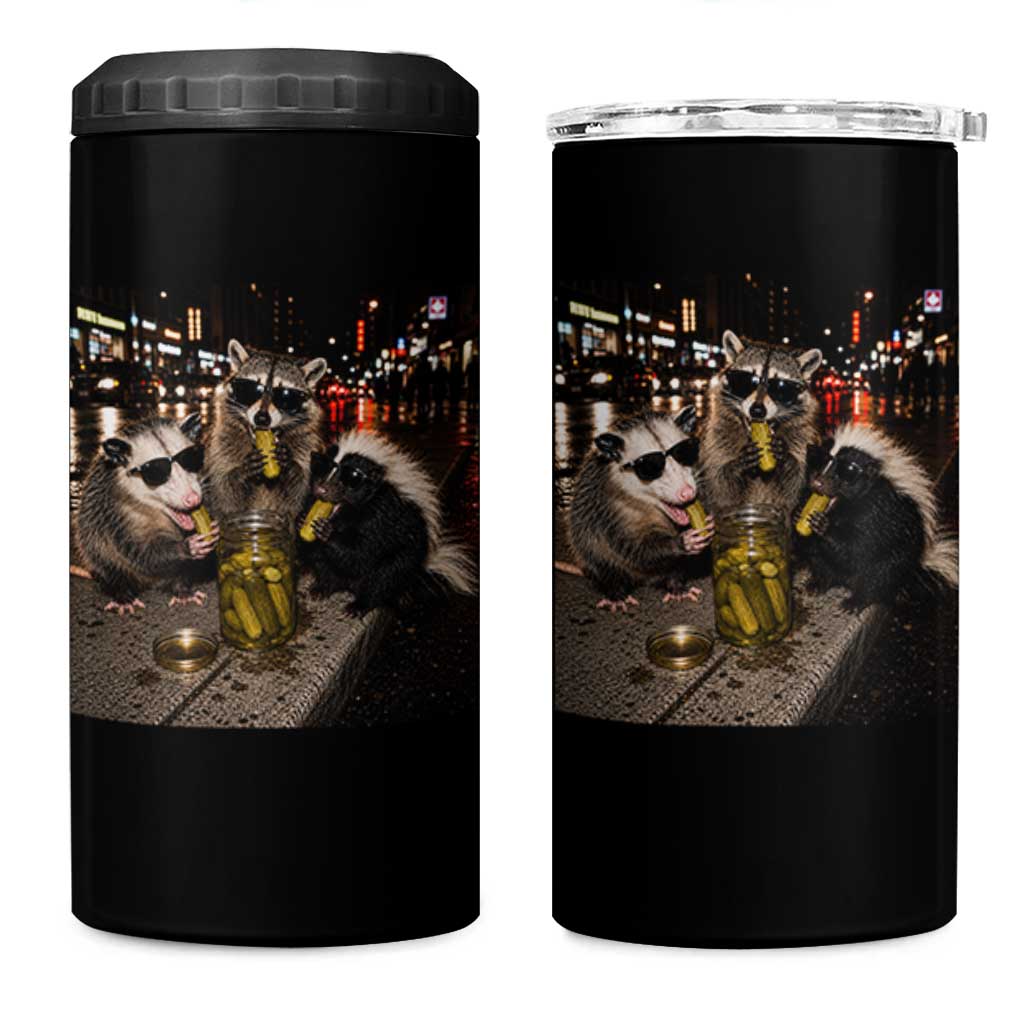 Funny Raccoon Skunk Possum Eating Pickles 4 in 1 Can Cooler Tumbler Support Local Street Cats Retro Animal Meme