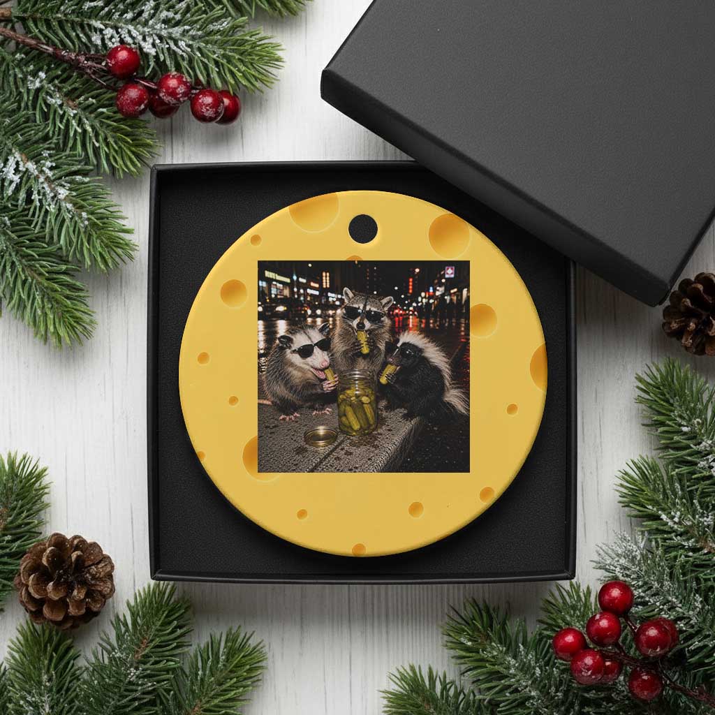 Funny Raccoon Skunk Possum Eating Pickles Ceramic Ornament Support Local Street Cats Retro Animal Meme