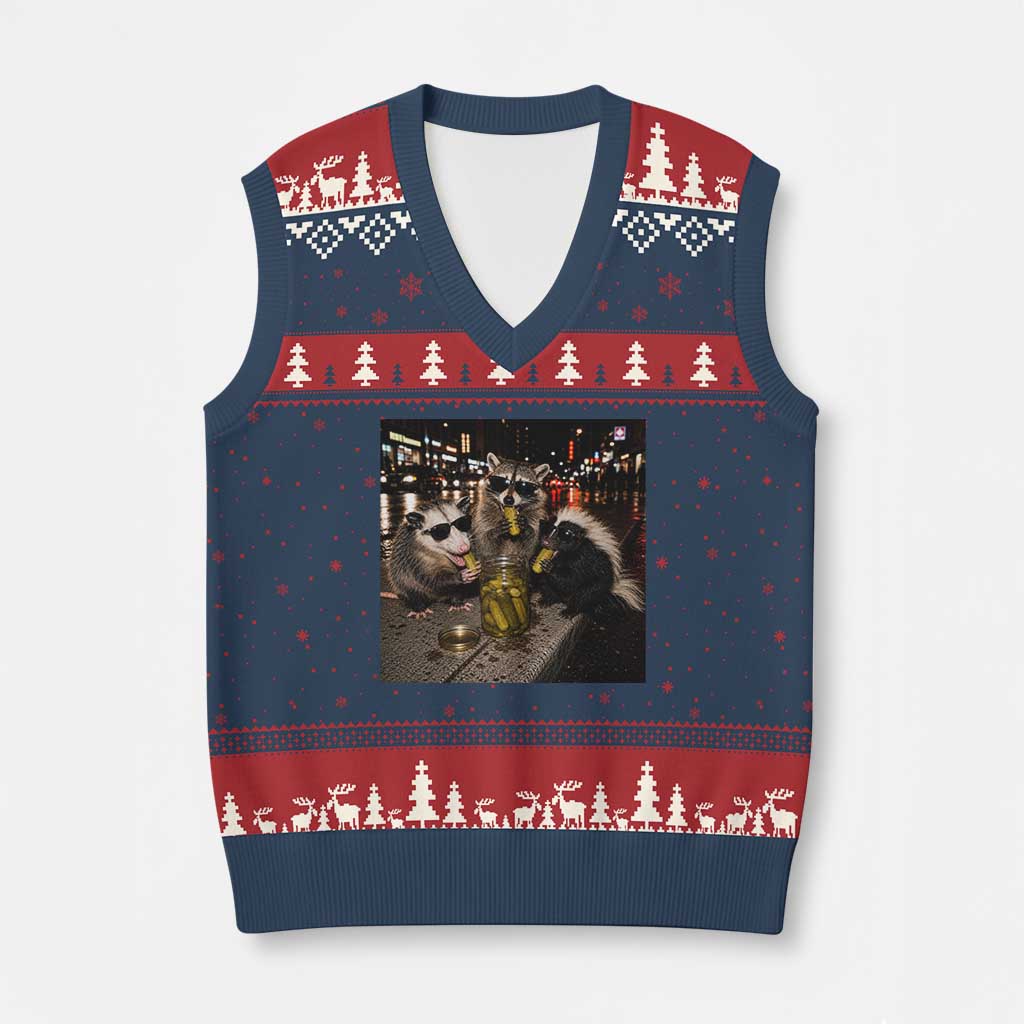 Funny Raccoon Skunk Possum Eating Pickles V-Neck Knit Sweater Vest Support Local Street Cats Retro Animal Meme