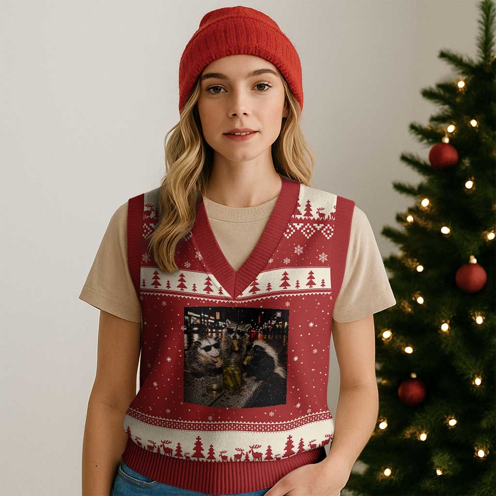 Funny Raccoon Skunk Possum Eating Pickles V-Neck Knit Sweater Vest Support Local Street Cats Retro Animal Meme