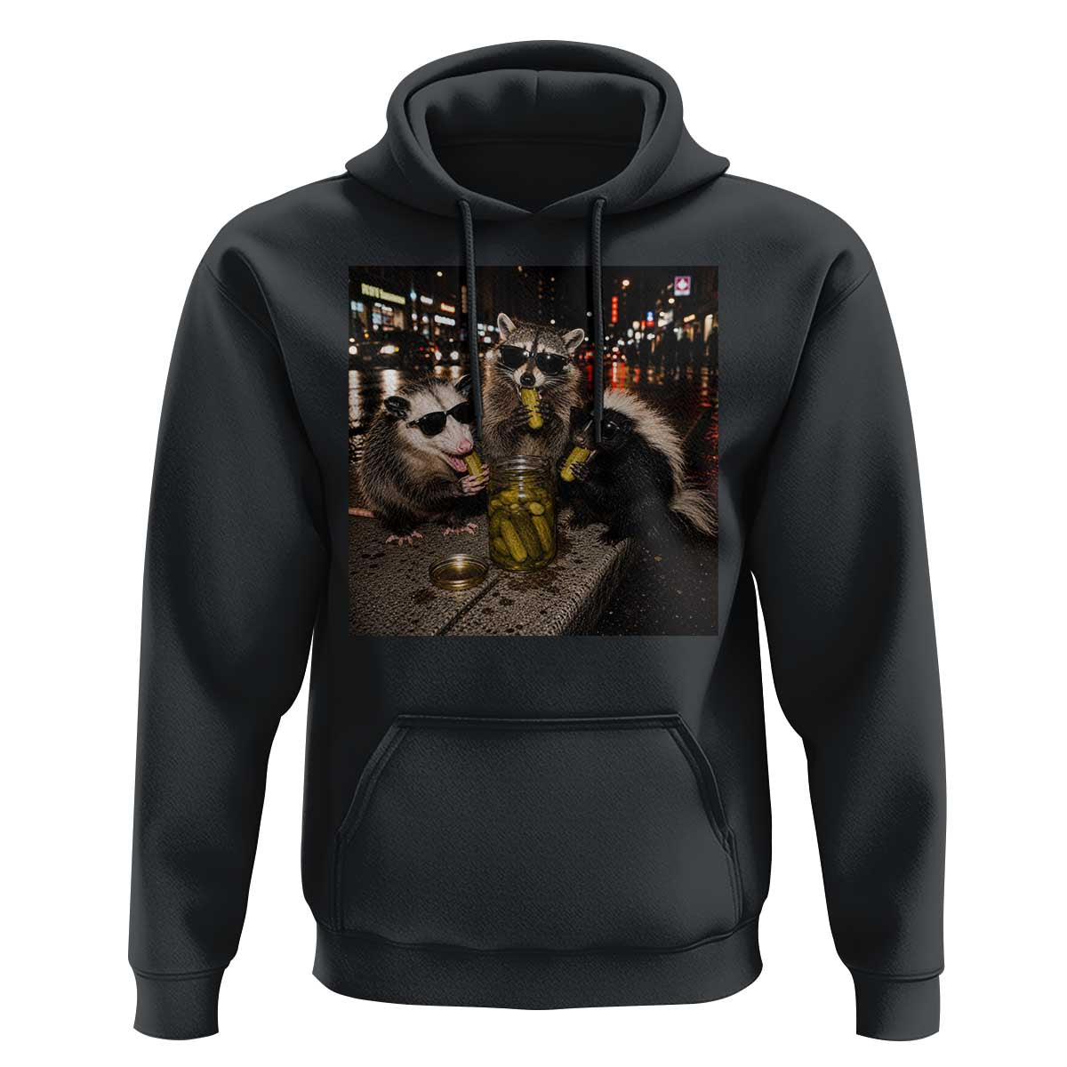 Funny Raccoon Skunk Possum Eating Pickles Hoodie Support Local Street Cats Retro Animal Meme