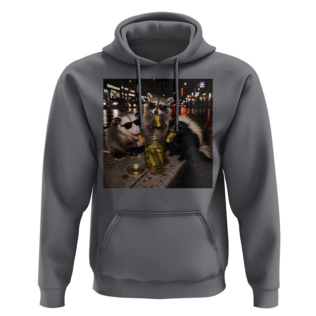 Funny Raccoon Skunk Possum Eating Pickles Hoodie Support Local Street Cats Retro Animal Meme