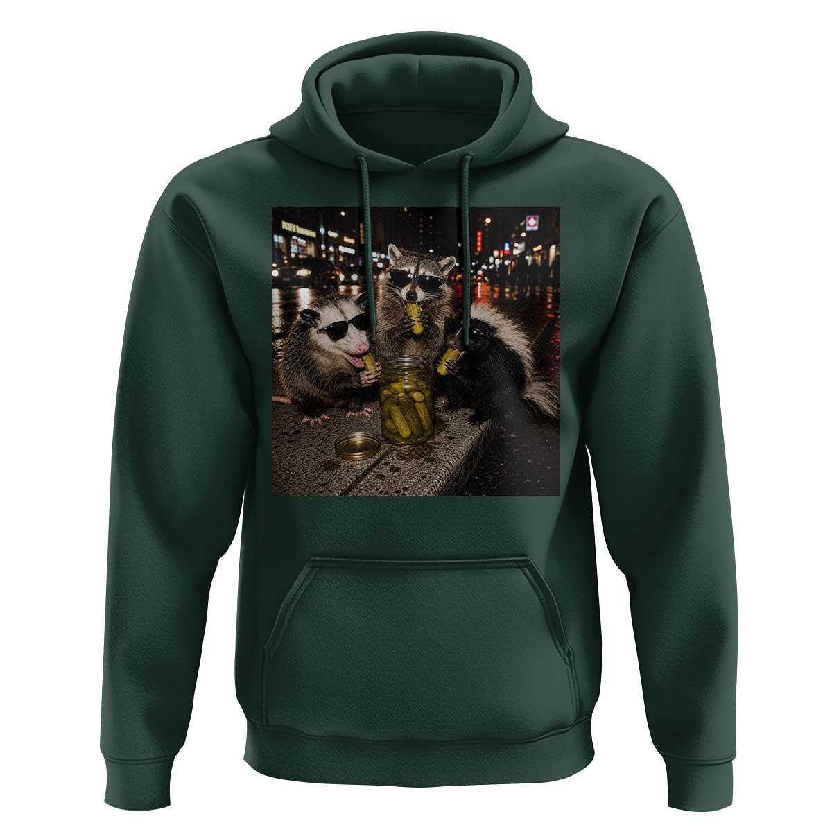 Funny Raccoon Skunk Possum Eating Pickles Hoodie Support Local Street Cats Retro Animal Meme