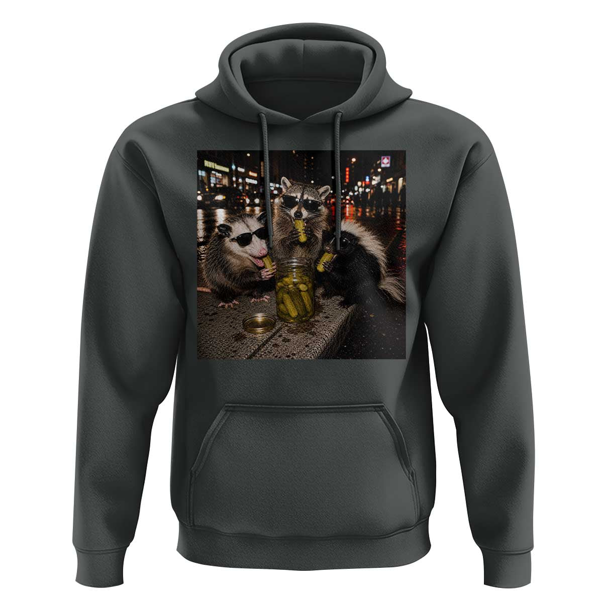 Funny Raccoon Skunk Possum Eating Pickles Hoodie Support Local Street Cats Retro Animal Meme