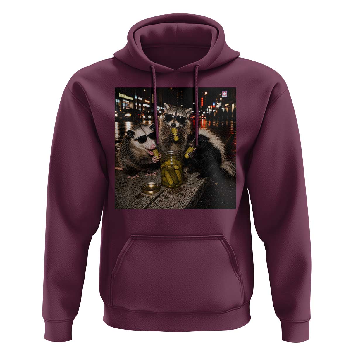 Funny Raccoon Skunk Possum Eating Pickles Hoodie Support Local Street Cats Retro Animal Meme