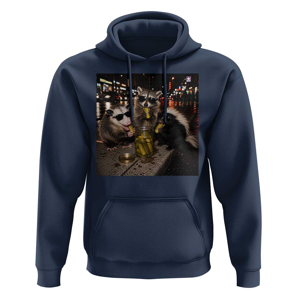 Funny Raccoon Skunk Possum Eating Pickles Hoodie Support Local Street Cats Retro Animal Meme