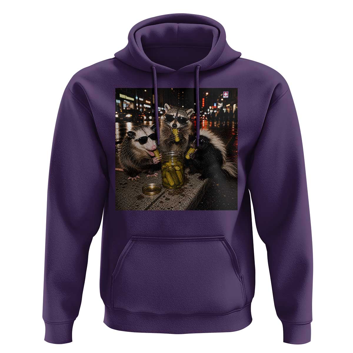Funny Raccoon Skunk Possum Eating Pickles Hoodie Support Local Street Cats Retro Animal Meme