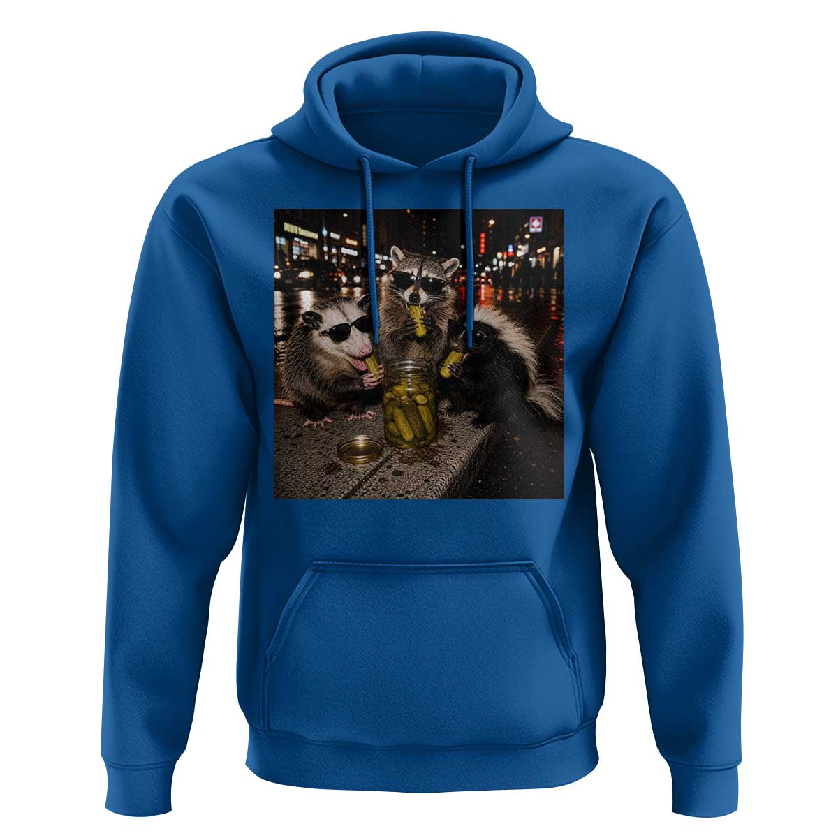 Funny Raccoon Skunk Possum Eating Pickles Hoodie Support Local Street Cats Retro Animal Meme