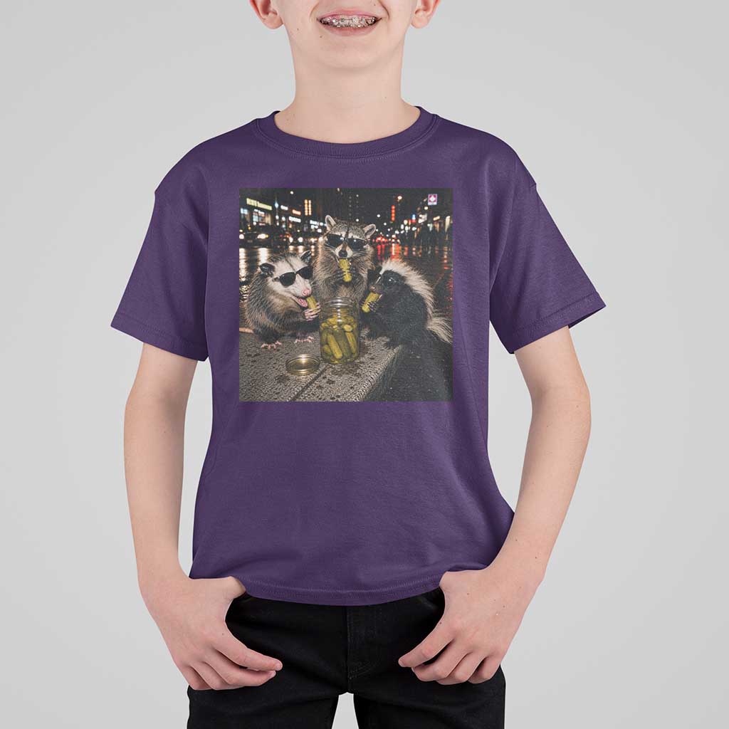 Funny Raccoon Skunk Possum Eating Pickles T Shirt For Kid Support Local Street Cats Retro Animal Meme