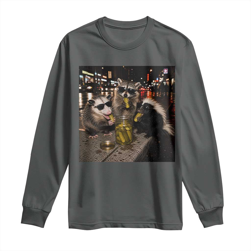Funny Raccoon Skunk Possum Eating Pickles Long Sleeve Shirt Support Local Street Cats Retro Animal Meme