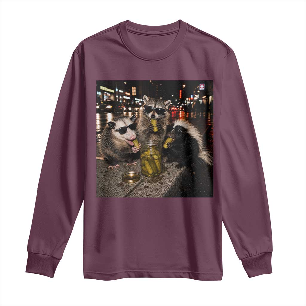Funny Raccoon Skunk Possum Eating Pickles Long Sleeve Shirt Support Local Street Cats Retro Animal Meme