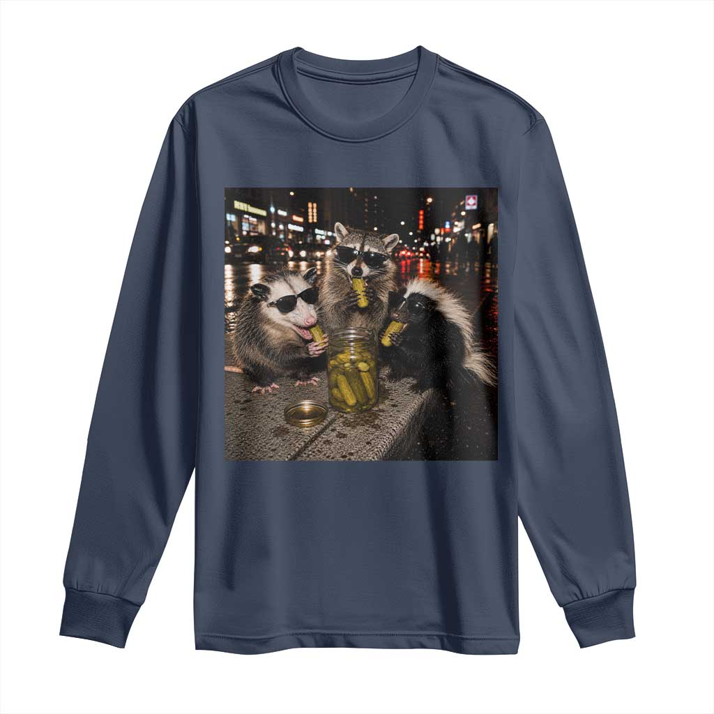 Funny Raccoon Skunk Possum Eating Pickles Long Sleeve Shirt Support Local Street Cats Retro Animal Meme
