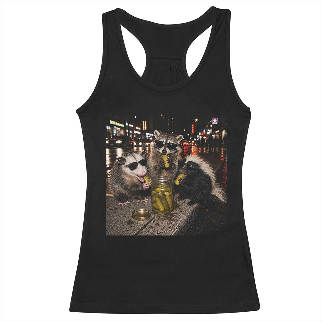 Funny Raccoon Skunk Possum Eating Pickles Racerback Tank Top Support Local Street Cats Retro Animal Meme