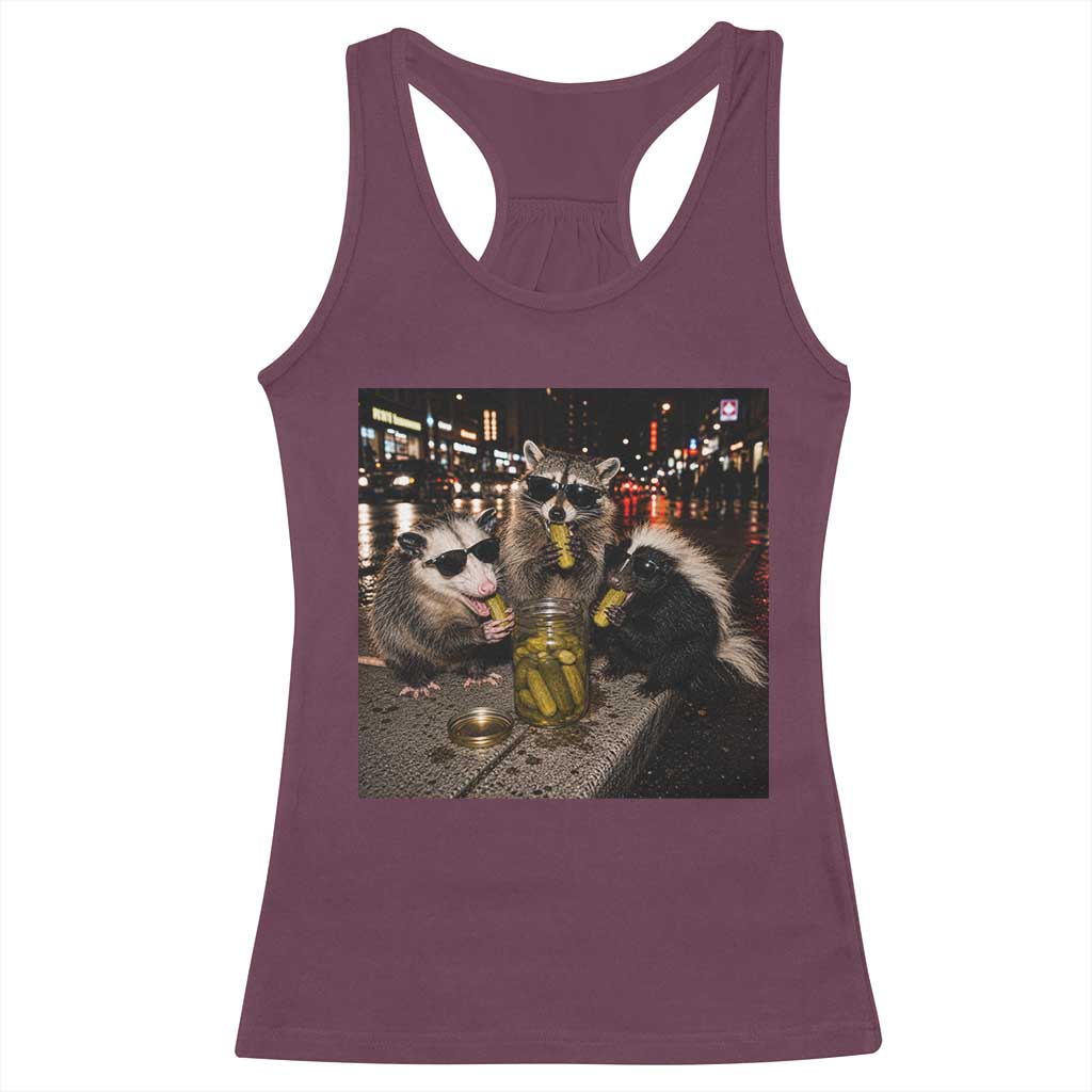 Funny Raccoon Skunk Possum Eating Pickles Racerback Tank Top Support Local Street Cats Retro Animal Meme