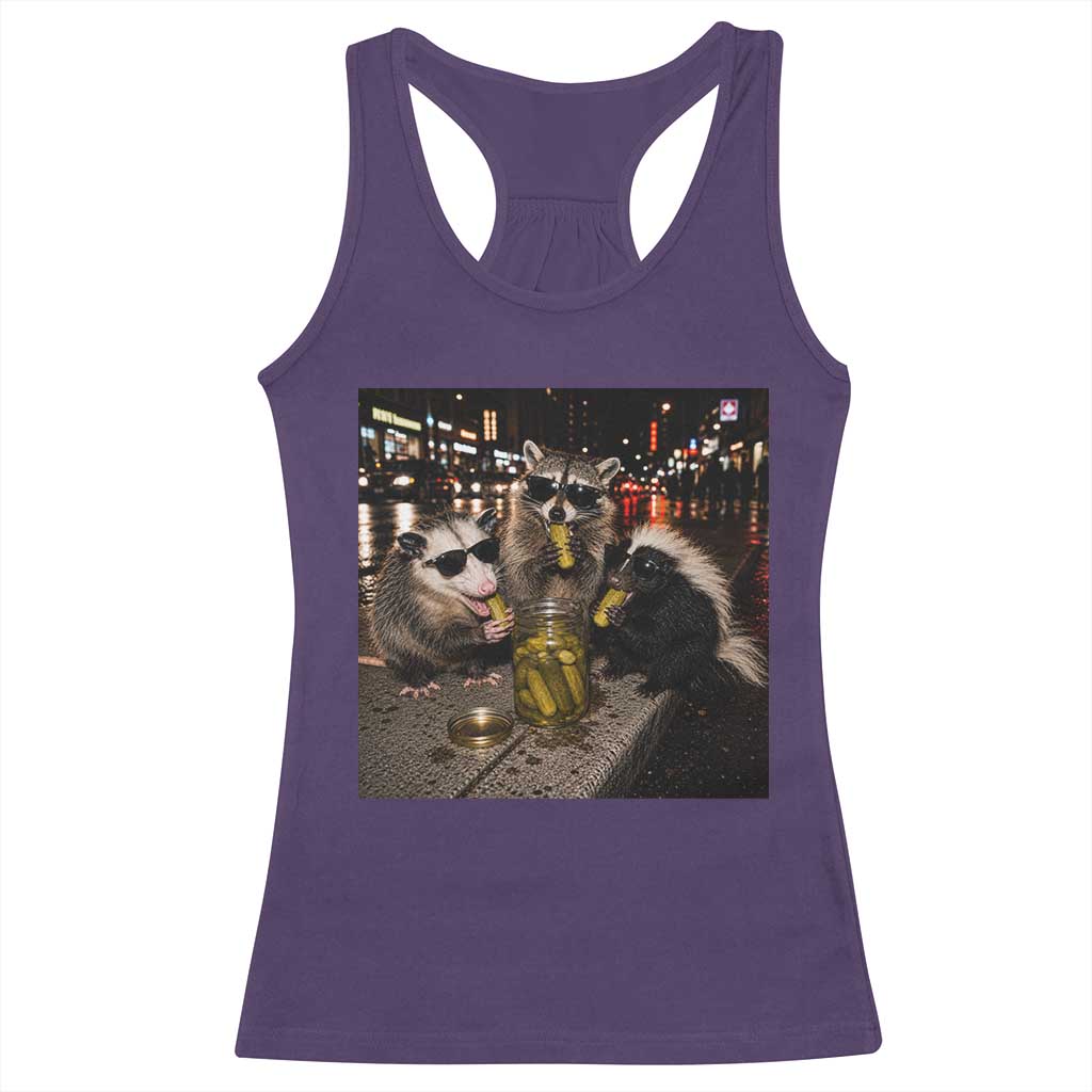 Funny Raccoon Skunk Possum Eating Pickles Racerback Tank Top Support Local Street Cats Retro Animal Meme