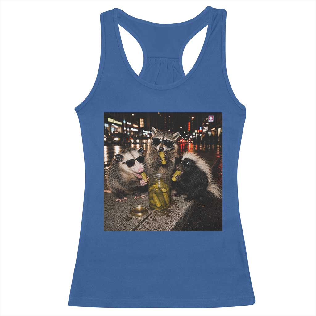 Funny Raccoon Skunk Possum Eating Pickles Racerback Tank Top Support Local Street Cats Retro Animal Meme