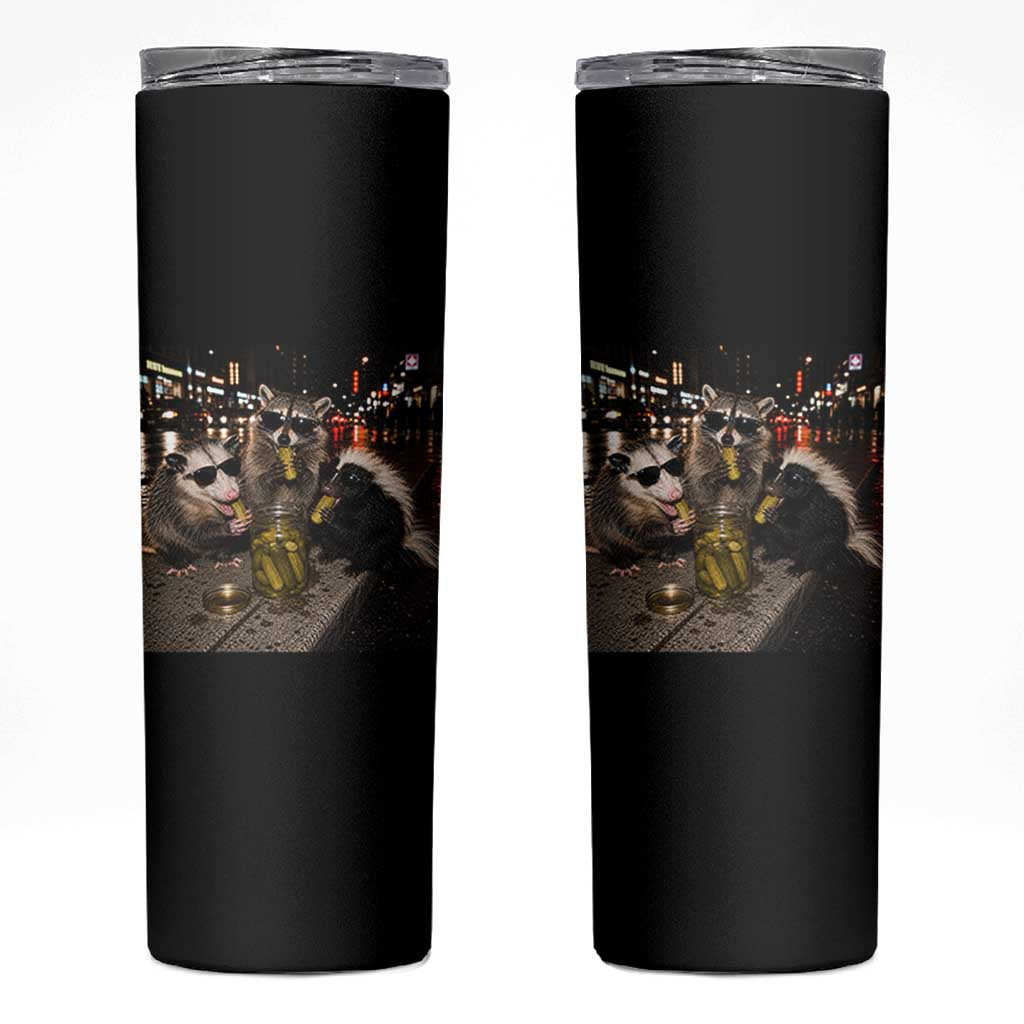 Funny Raccoon Skunk Possum Eating Pickles Skinny Tumbler Support Local Street Cats Retro Animal Meme