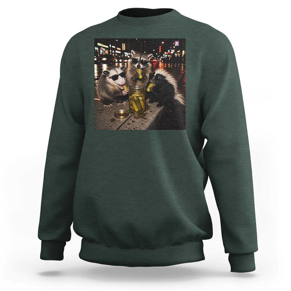 Funny Raccoon Skunk Possum Eating Pickles Sweatshirt Support Local Street Cats Retro Animal Meme
