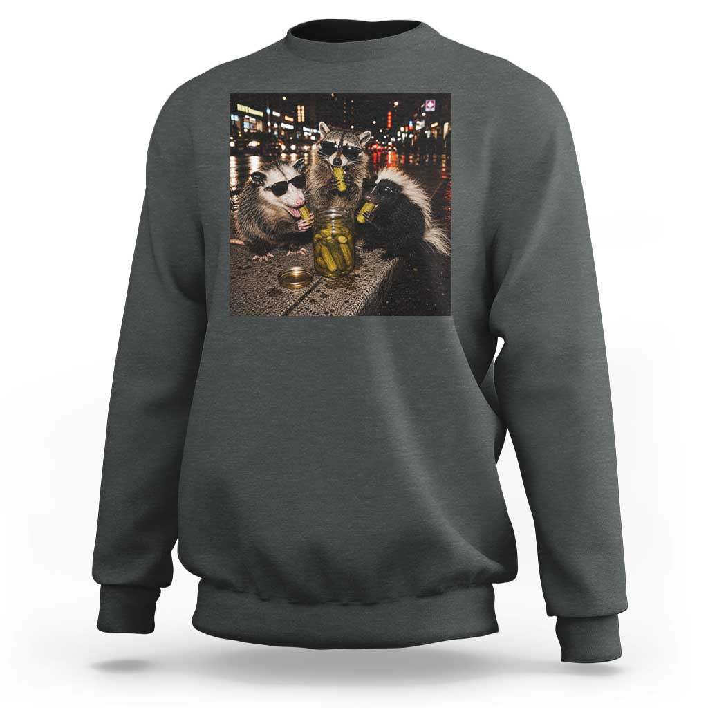 Funny Raccoon Skunk Possum Eating Pickles Sweatshirt Support Local Street Cats Retro Animal Meme