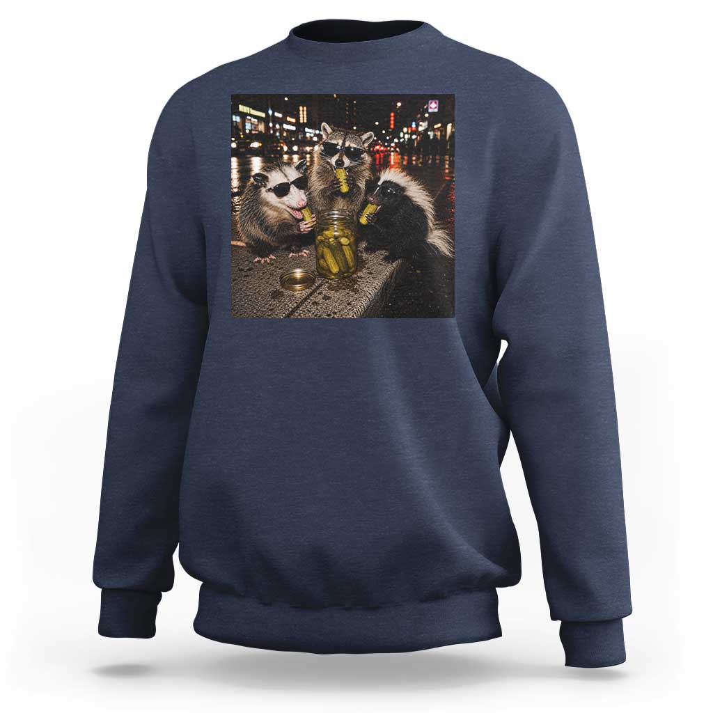 Funny Raccoon Skunk Possum Eating Pickles Sweatshirt Support Local Street Cats Retro Animal Meme