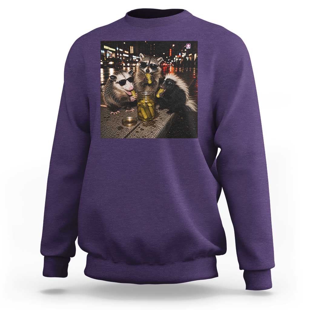 Funny Raccoon Skunk Possum Eating Pickles Sweatshirt Support Local Street Cats Retro Animal Meme