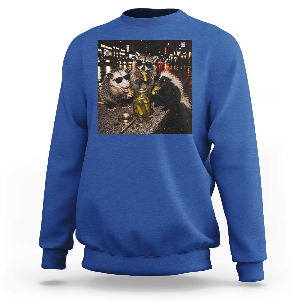 Funny Raccoon Skunk Possum Eating Pickles Sweatshirt Support Local Street Cats Retro Animal Meme