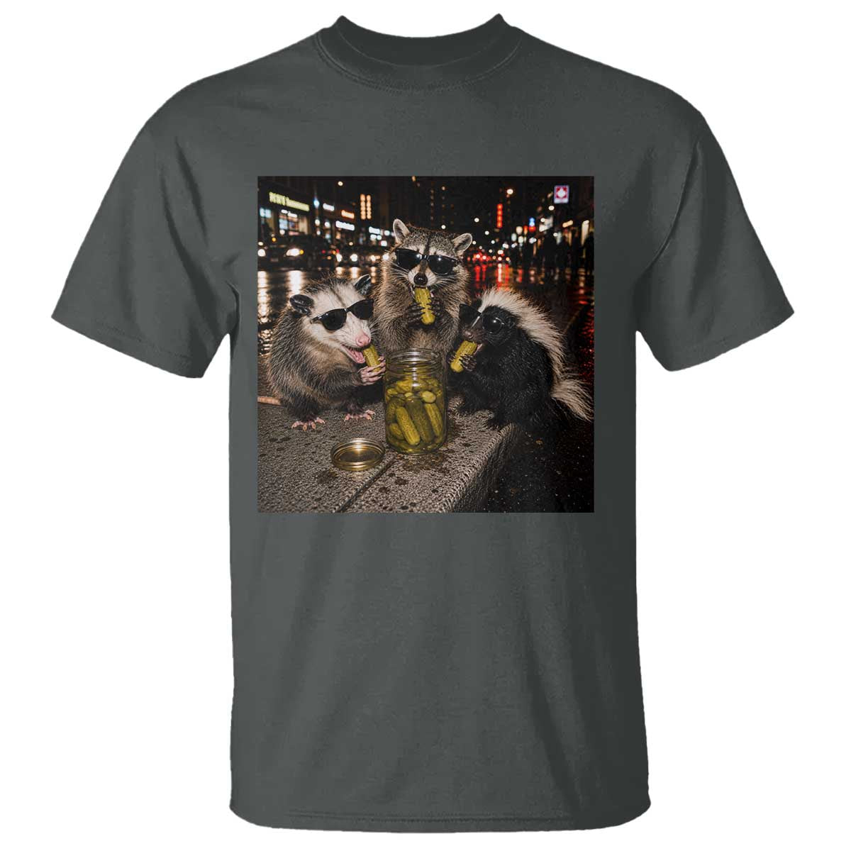 Funny Raccoon Skunk Possum Eating Pickles T Shirt Support Local Street Cats Retro Animal Meme