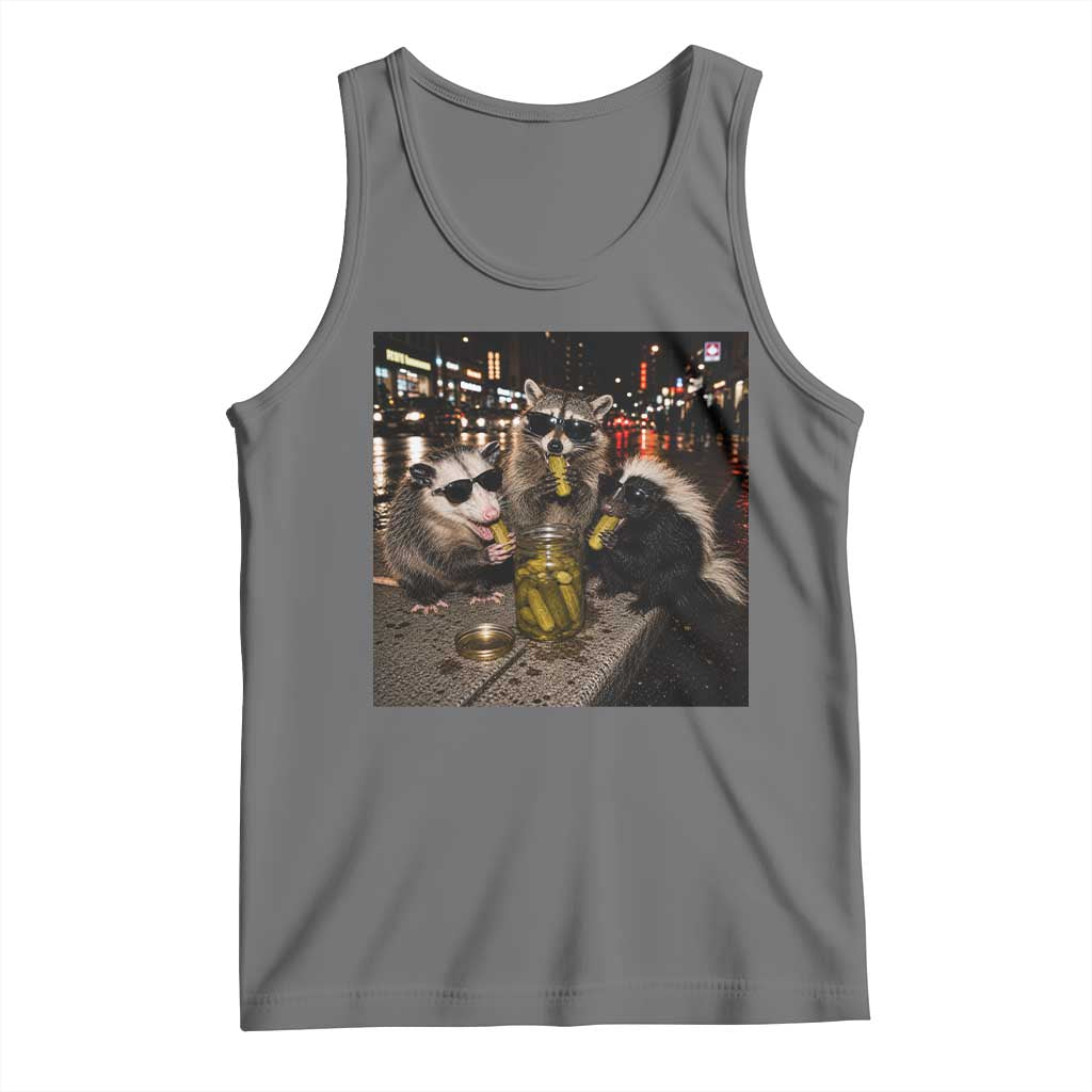 Funny Raccoon Skunk Possum Eating Pickles Tank Top Support Local Street Cats Retro Animal Meme