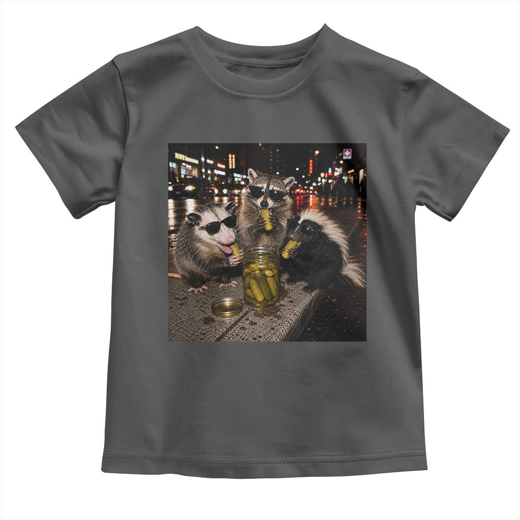 Funny Raccoon Skunk Possum Eating Pickles Toddler T Shirt Support Local Street Cats Retro Animal Meme