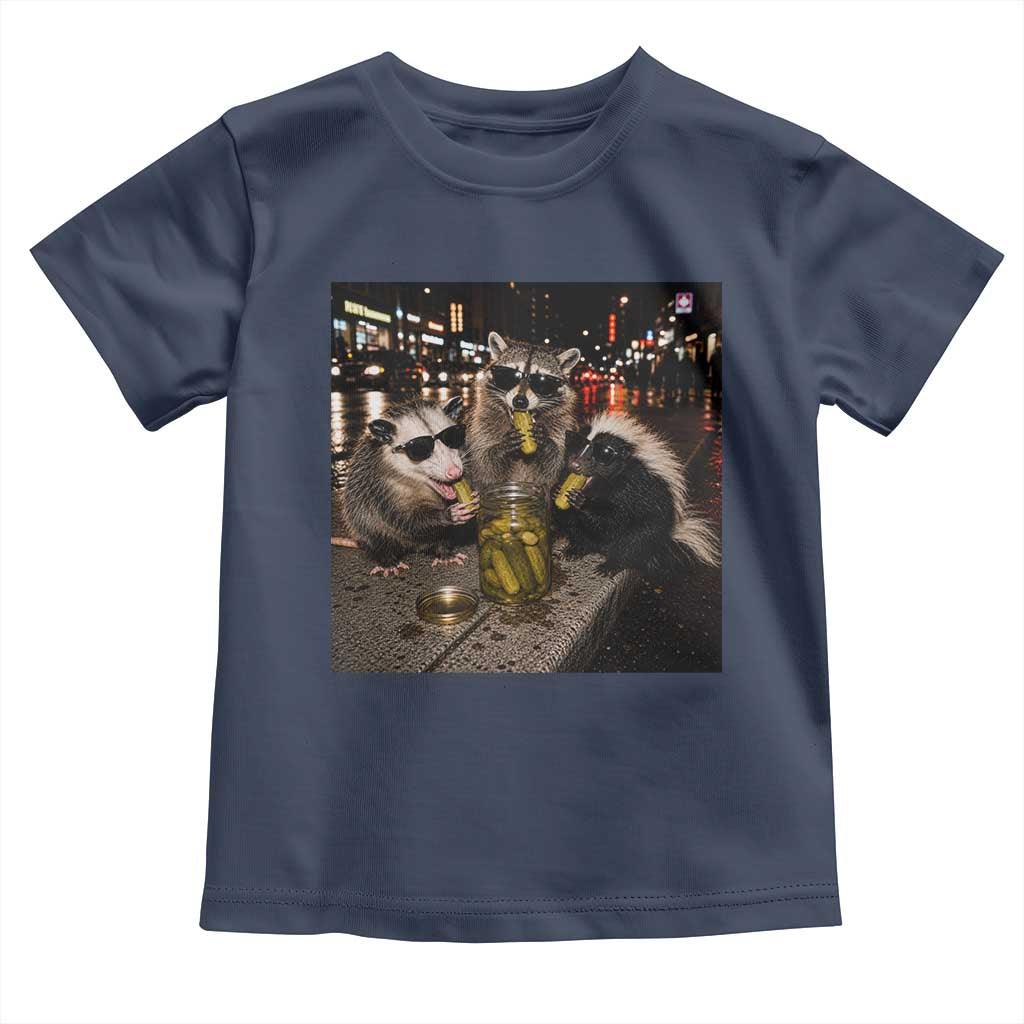 Funny Raccoon Skunk Possum Eating Pickles Toddler T Shirt Support Local Street Cats Retro Animal Meme