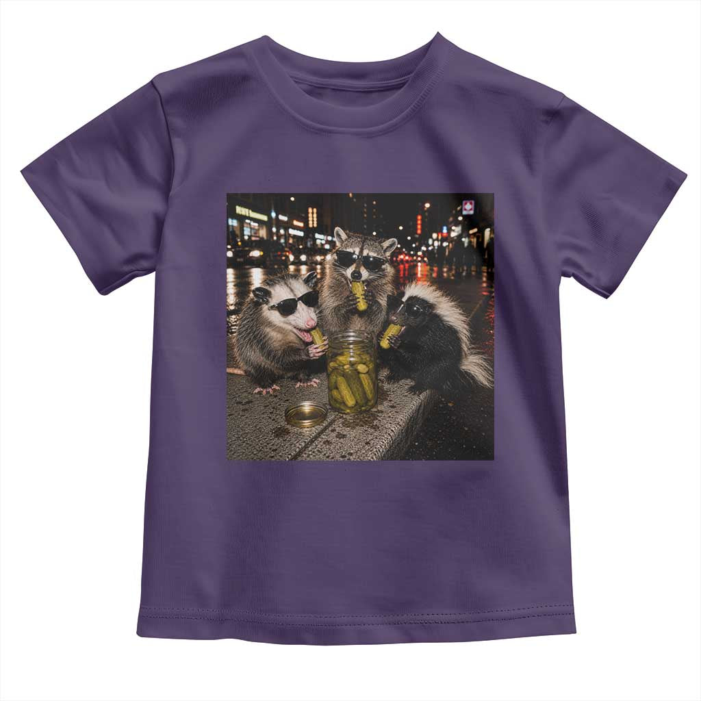 Funny Raccoon Skunk Possum Eating Pickles Toddler T Shirt Support Local Street Cats Retro Animal Meme