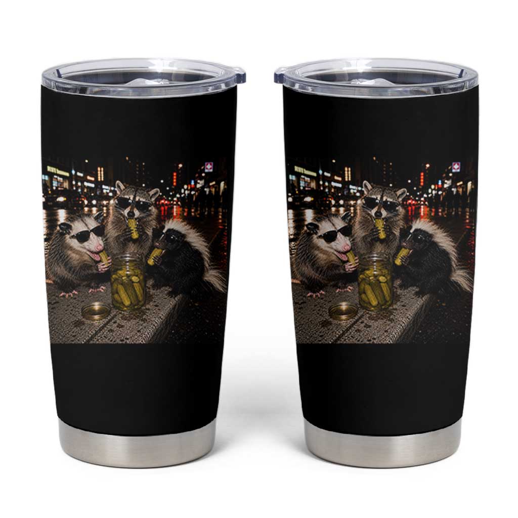 Funny Raccoon Skunk Possum Eating Pickles Tumbler Cup Support Local Street Cats Retro Animal Meme