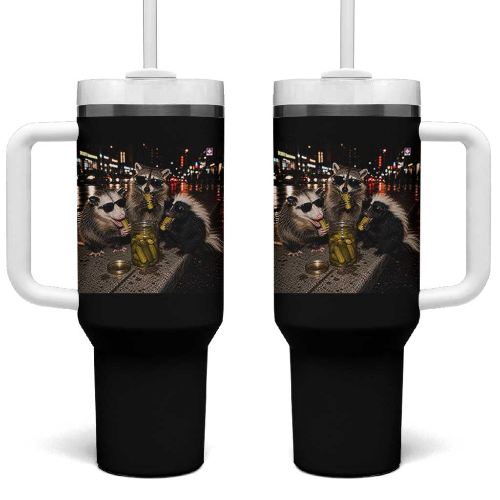 Funny Raccoon Skunk Possum Eating Pickles Tumbler With Handle Support Local Street Cats Retro Animal Meme