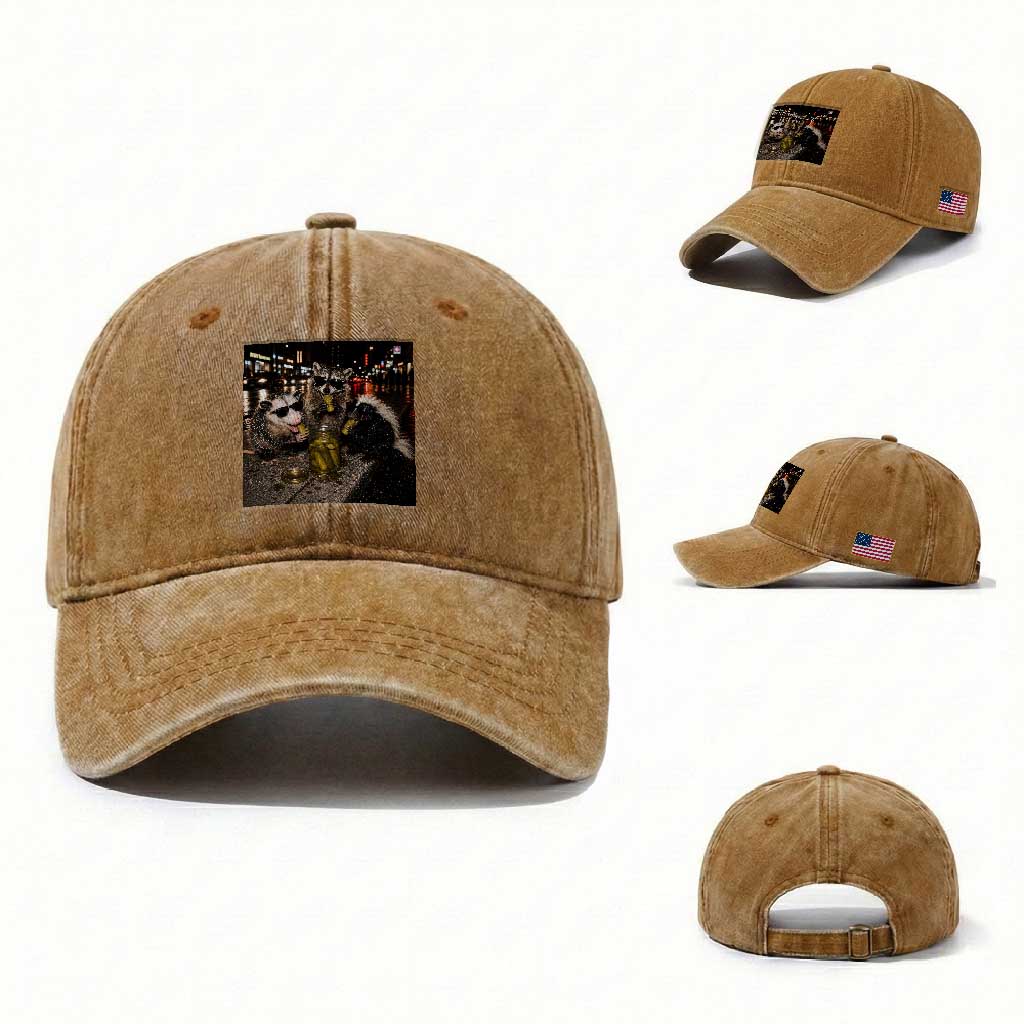Funny Raccoon Skunk Possum Eating Pickles Washed Cotton Baseball Cap Support Local Street Cats Retro Animal Meme