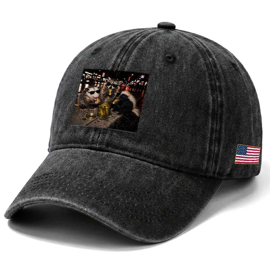 Funny Raccoon Skunk Possum Eating Pickles Washed Cotton Baseball Cap Support Local Street Cats Retro Animal Meme