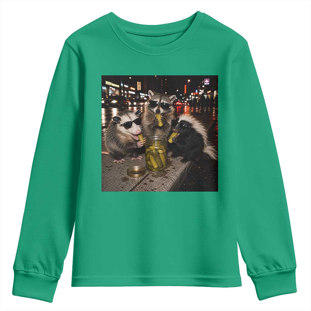 Funny Raccoon Skunk Possum Eating Pickles Youth Sweatshirt Support Local Street Cats Retro Animal Meme