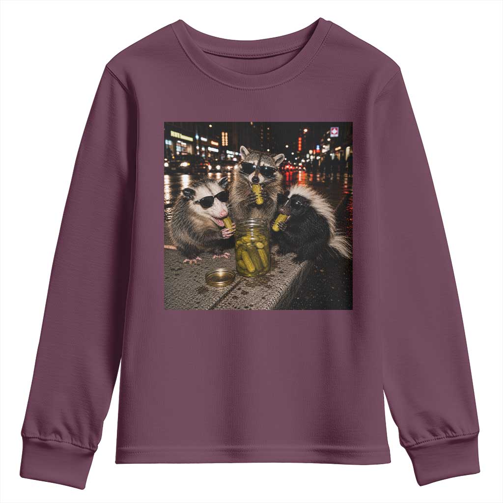 Funny Raccoon Skunk Possum Eating Pickles Youth Sweatshirt Support Local Street Cats Retro Animal Meme