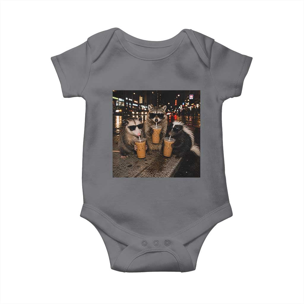 Funny Raccoon Skunk Possum Drinking Iced Coffee Baby Onesie Support Local Street Cats Retro Animal Meme