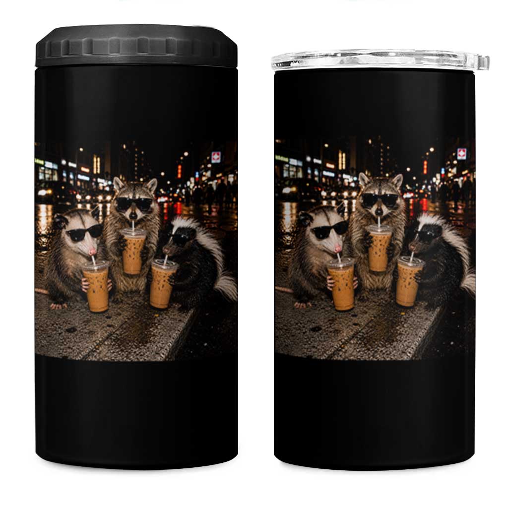 Funny Raccoon Skunk Possum Drinking Iced Coffee 4 in 1 Can Cooler Tumbler Support Local Street Cats Retro Animal Meme
