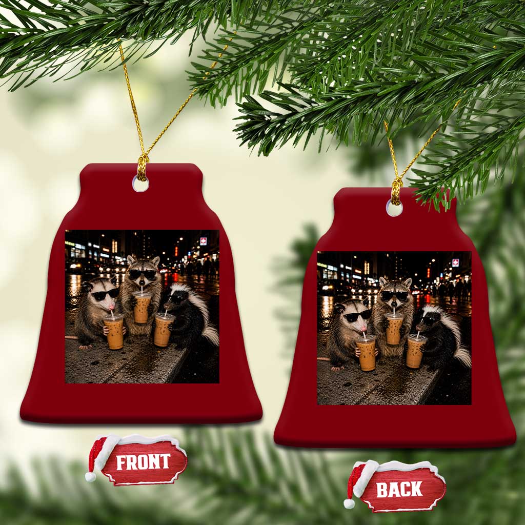 Funny Raccoon Skunk Possum Drinking Iced Coffee Ceramic Ornament Support Local Street Cats Retro Animal Meme