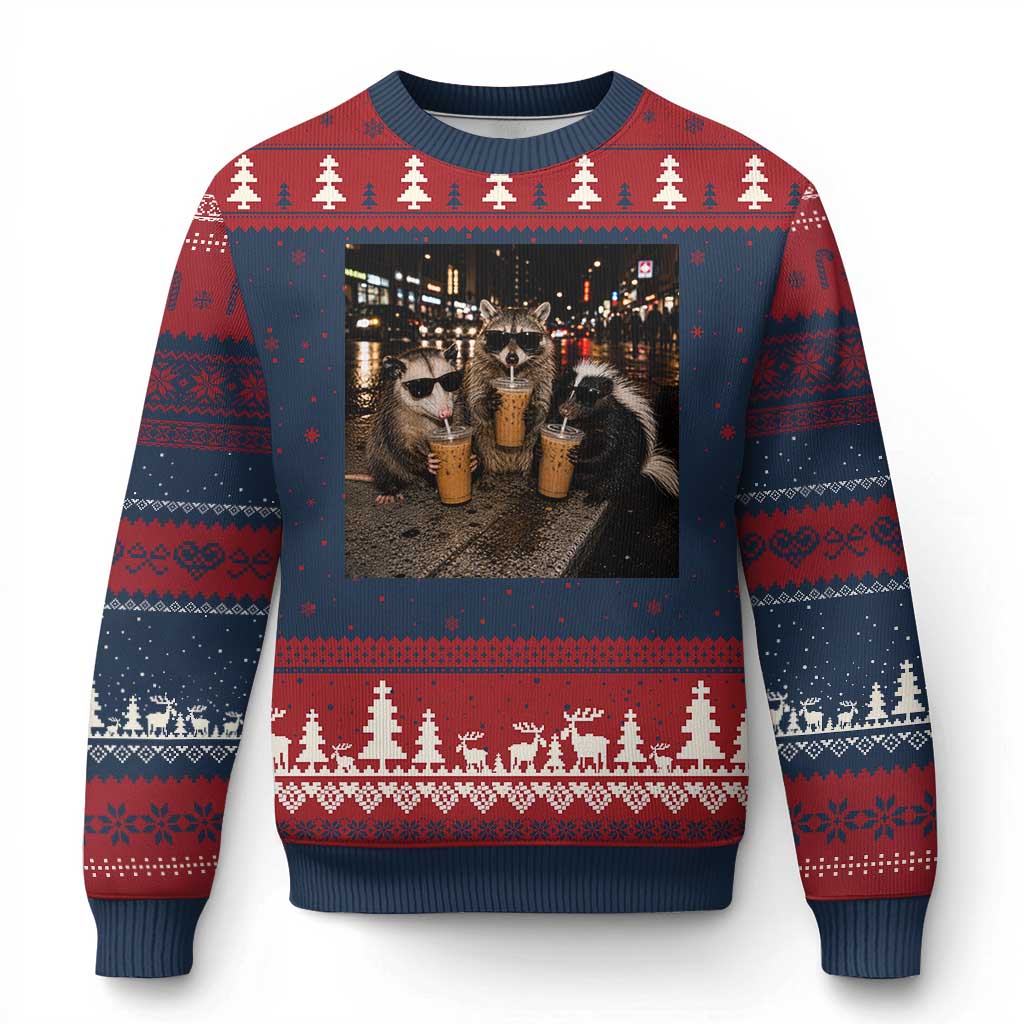 Funny Raccoon Skunk Possum Drinking Iced Coffee Ugly Christmas Sweater Support Local Street Cats Retro Animal Meme
