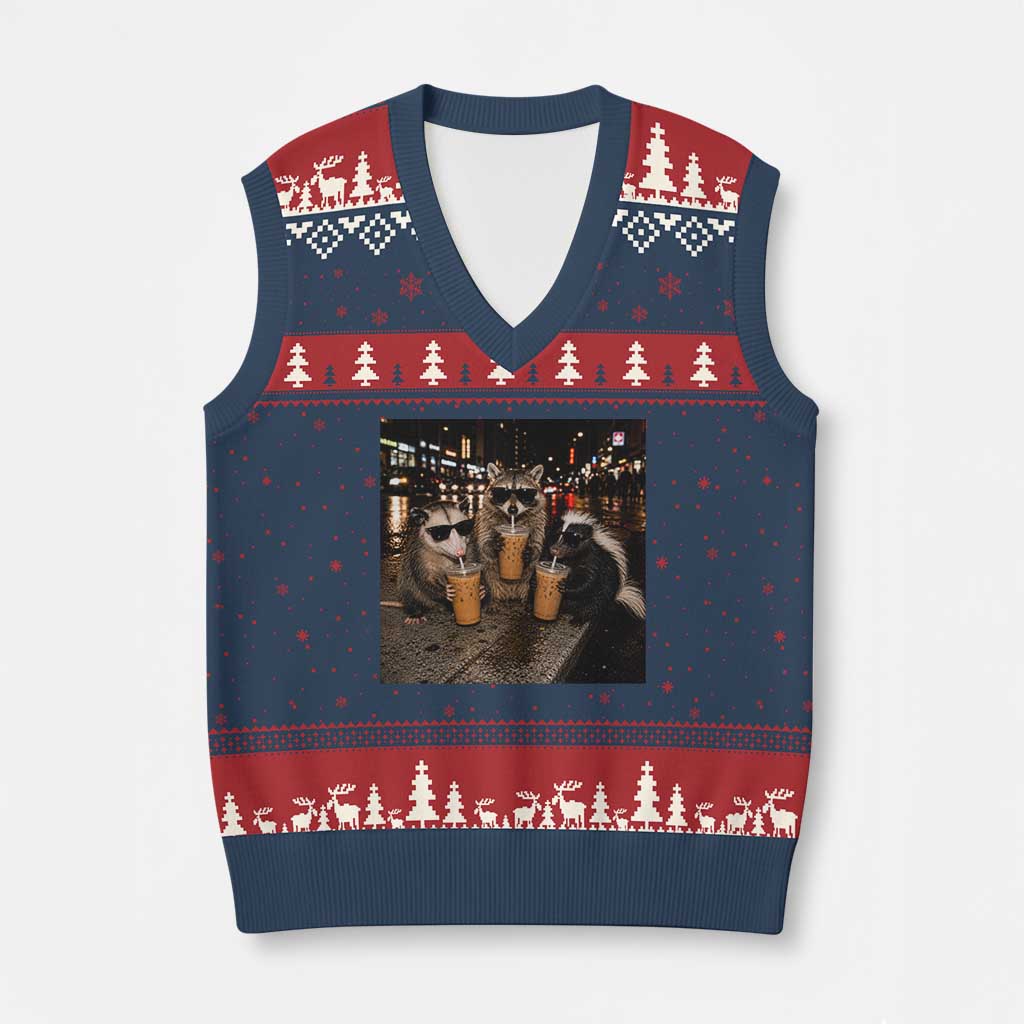Funny Raccoon Skunk Possum Drinking Iced Coffee V-Neck Knit Sweater Vest Support Local Street Cats Retro Animal Meme