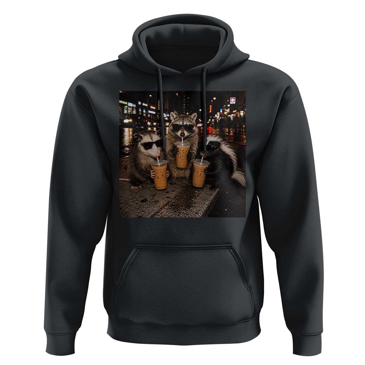 Funny Raccoon Skunk Possum Drinking Iced Coffee Hoodie Support Local Street Cats Retro Animal Meme