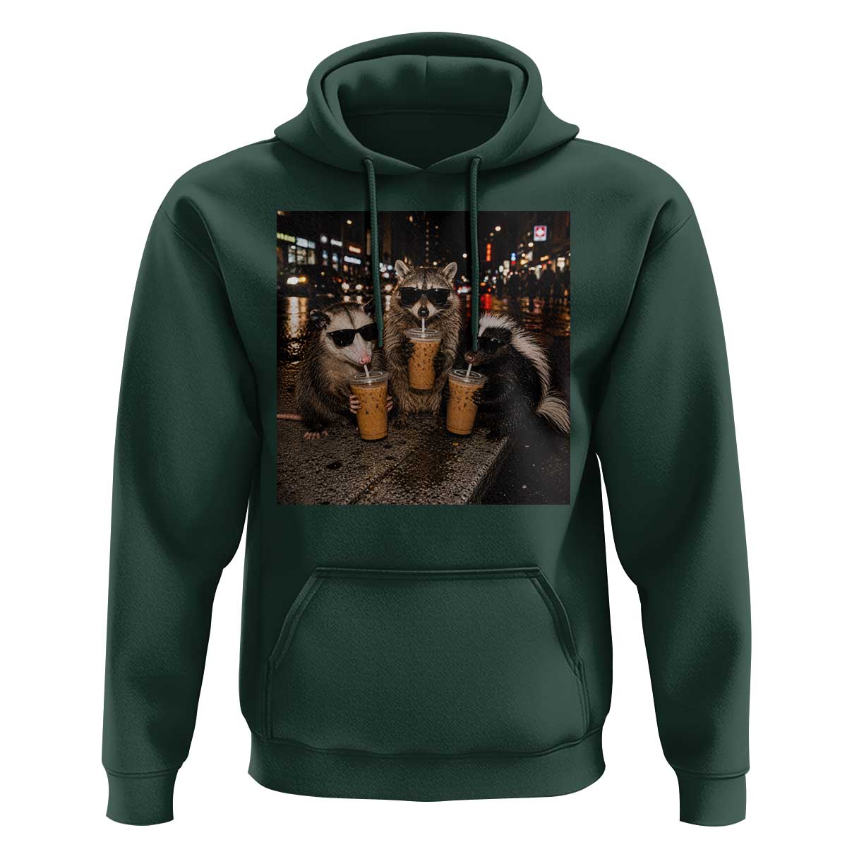 Funny Raccoon Skunk Possum Drinking Iced Coffee Hoodie Support Local Street Cats Retro Animal Meme