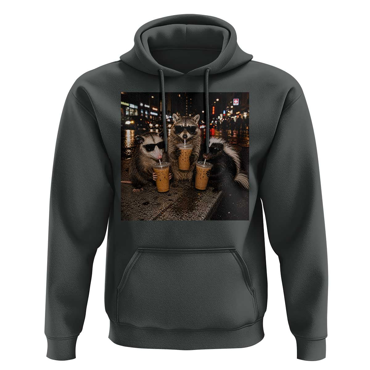 Funny Raccoon Skunk Possum Drinking Iced Coffee Hoodie Support Local Street Cats Retro Animal Meme