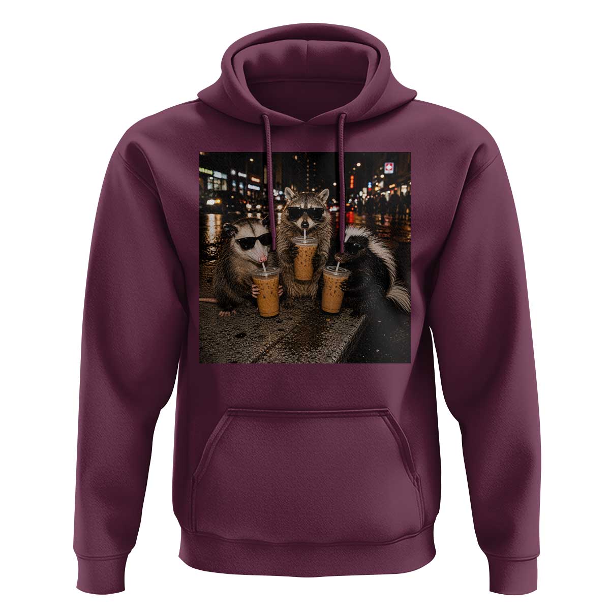 Funny Raccoon Skunk Possum Drinking Iced Coffee Hoodie Support Local Street Cats Retro Animal Meme