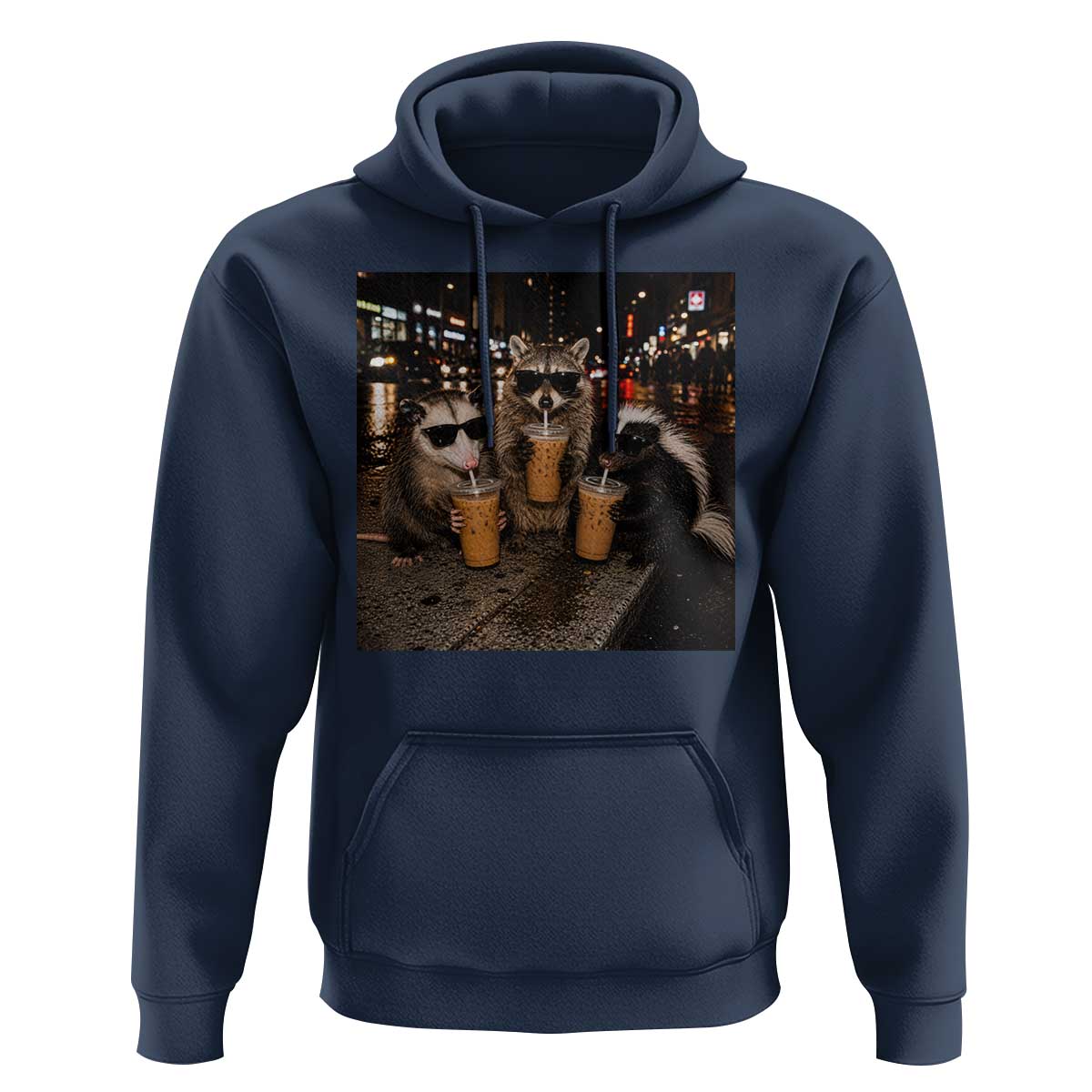 Funny Raccoon Skunk Possum Drinking Iced Coffee Hoodie Support Local Street Cats Retro Animal Meme