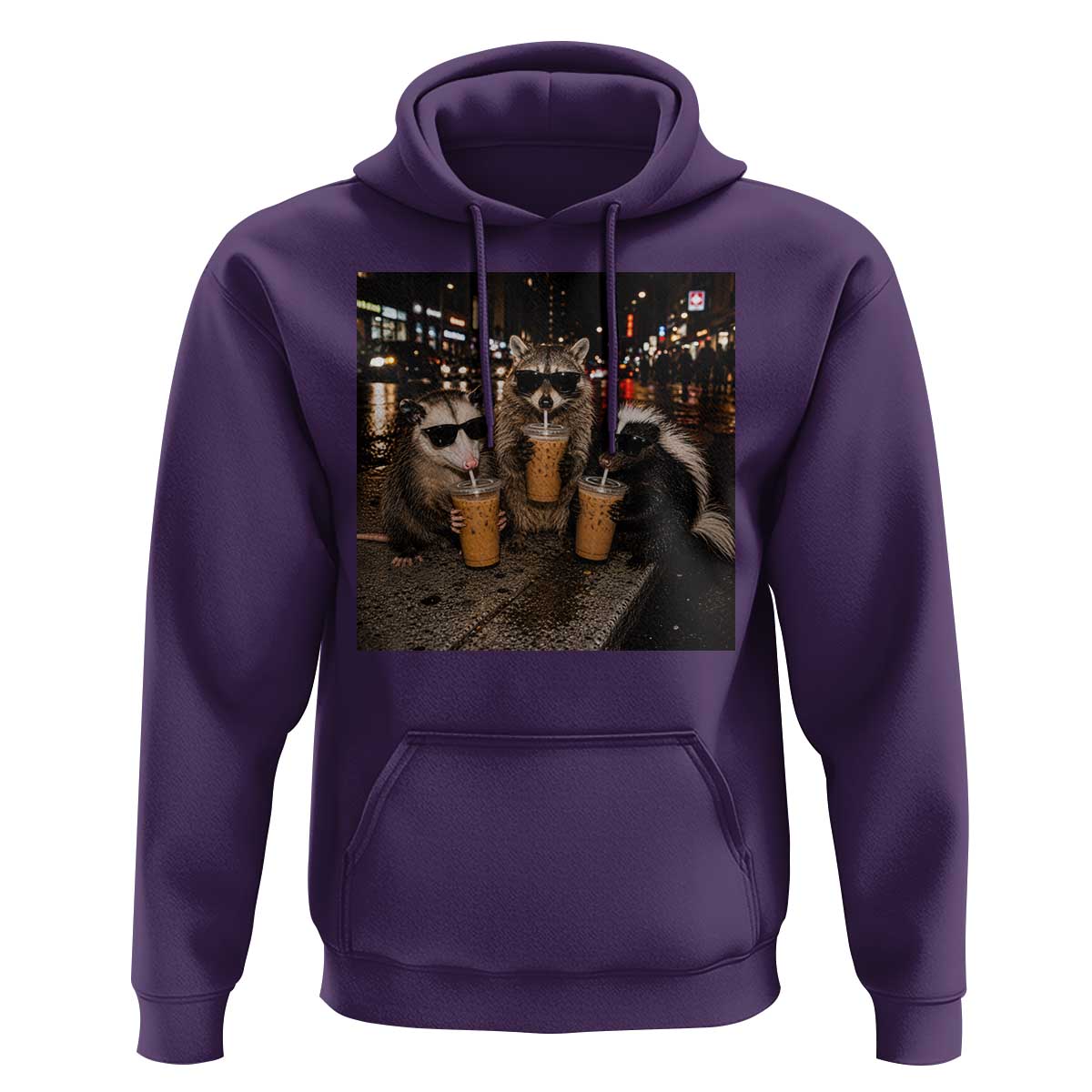 Funny Raccoon Skunk Possum Drinking Iced Coffee Hoodie Support Local Street Cats Retro Animal Meme