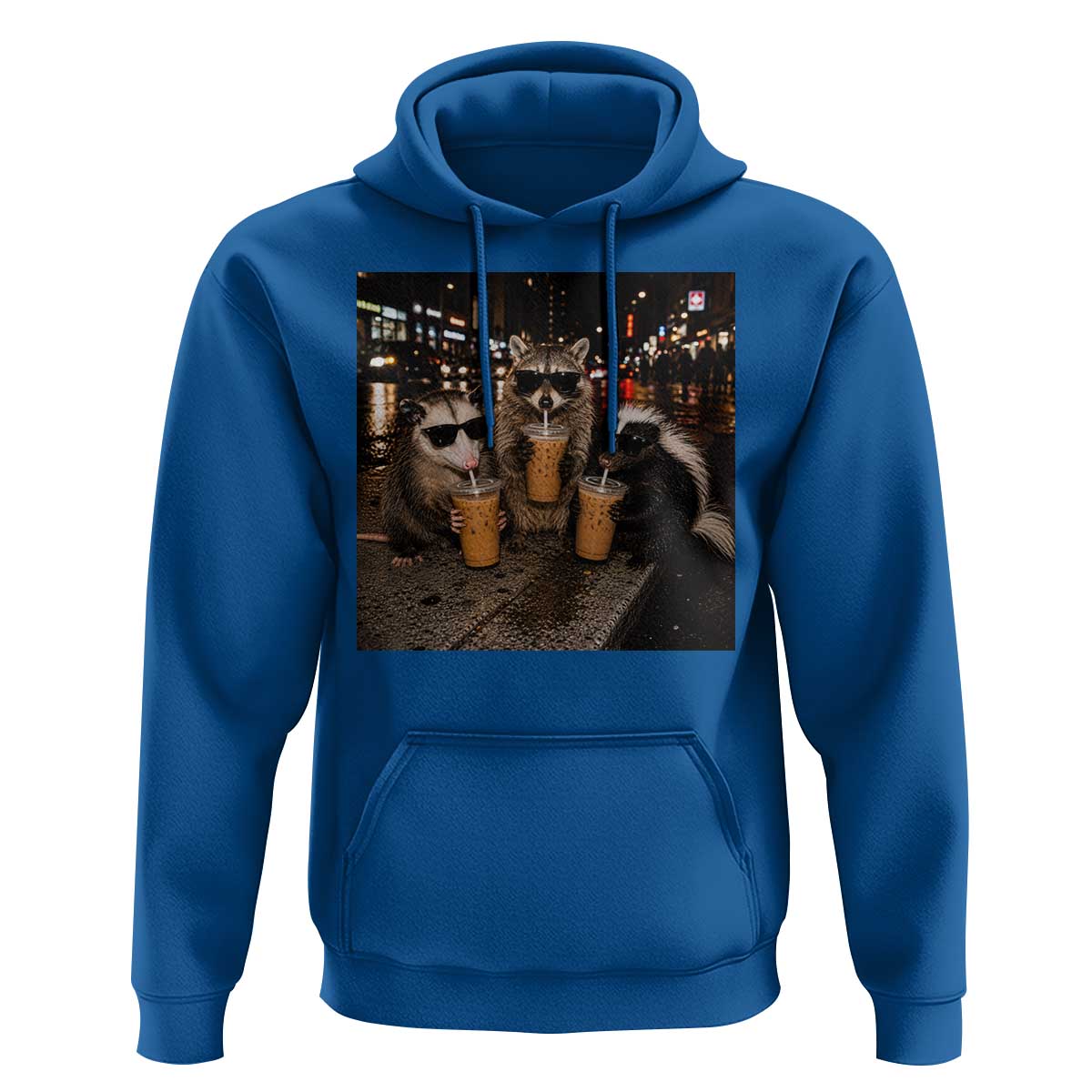 Funny Raccoon Skunk Possum Drinking Iced Coffee Hoodie Support Local Street Cats Retro Animal Meme