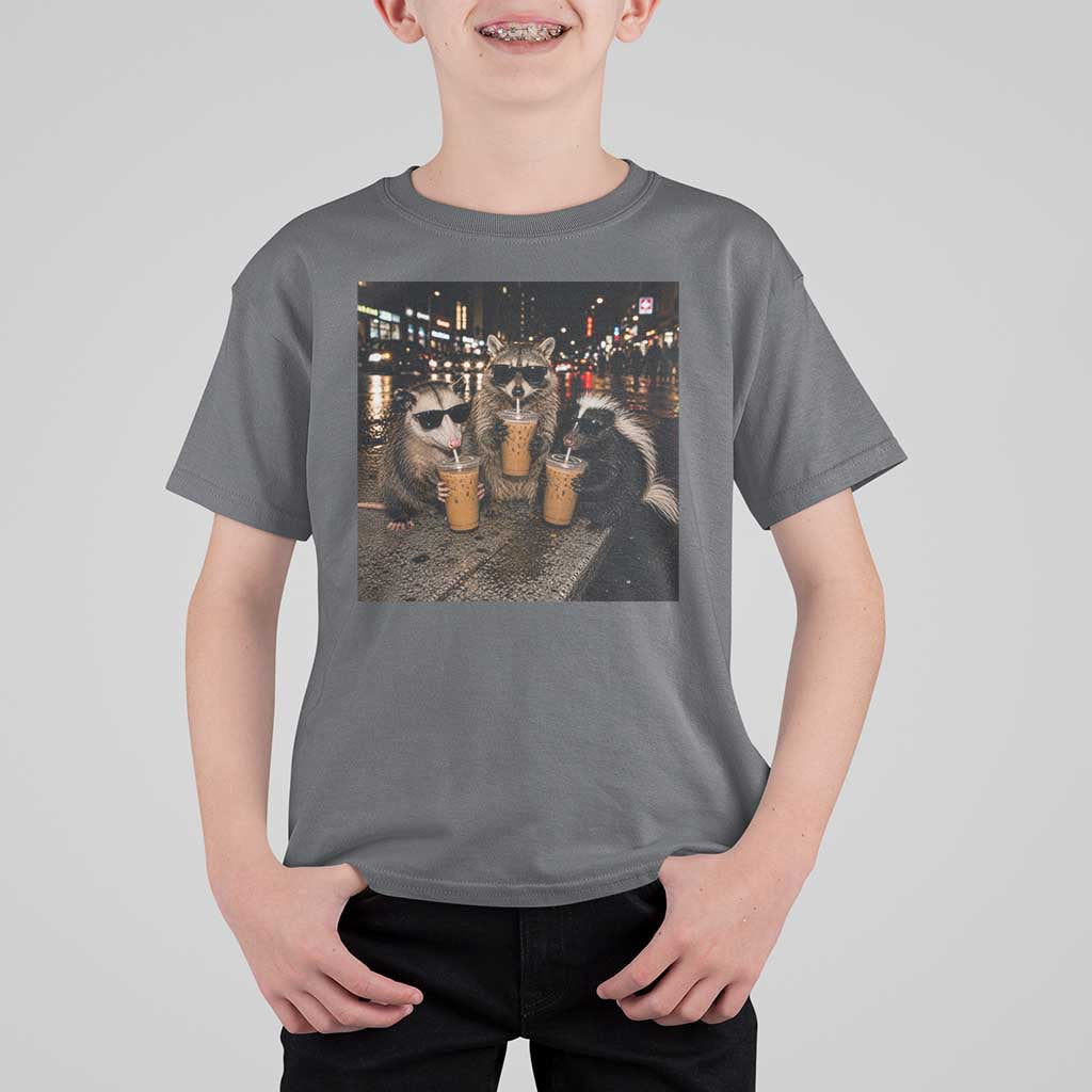 Funny Raccoon Skunk Possum Drinking Iced Coffee T Shirt For Kid Support Local Street Cats Retro Animal Meme